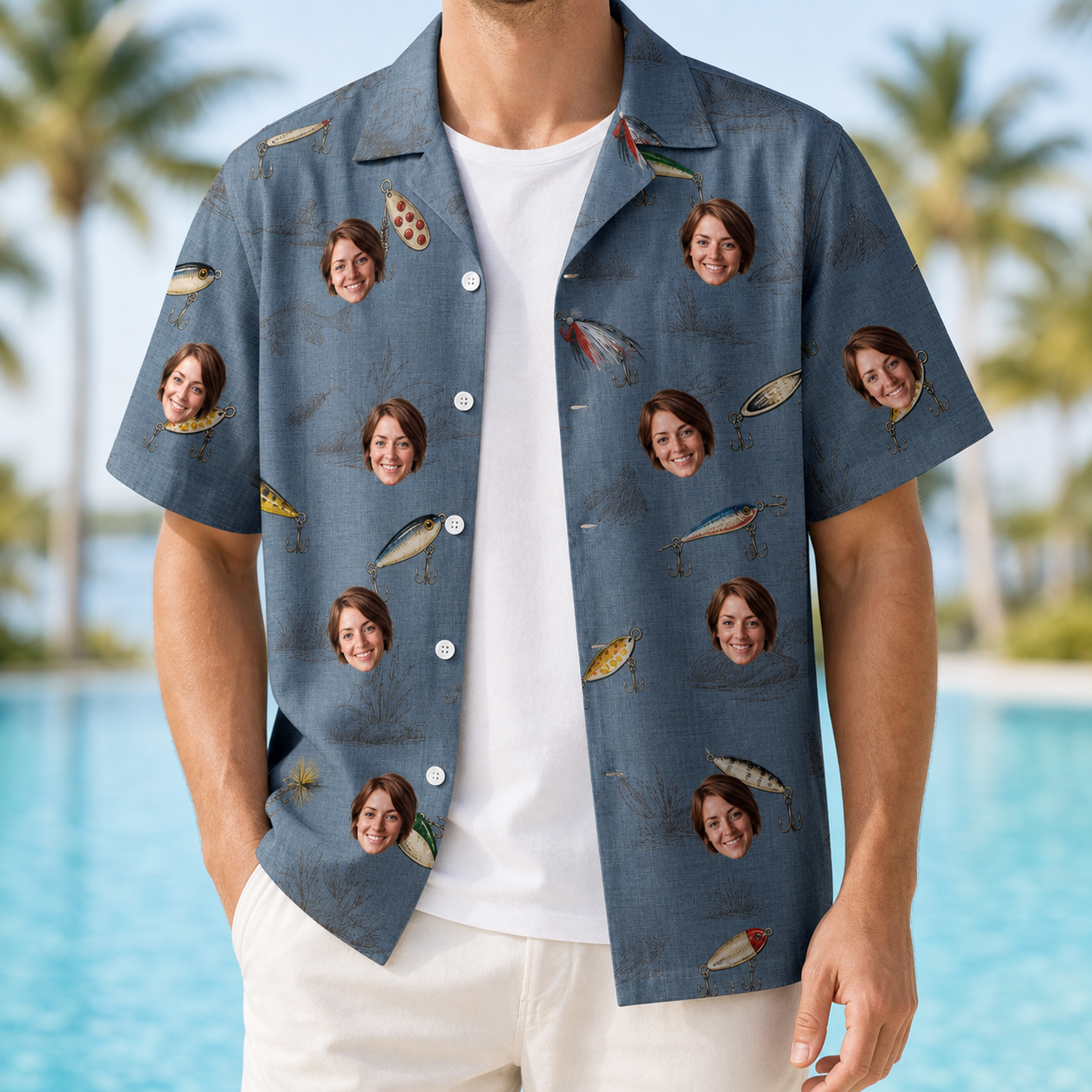 Man wearing Men's Jig Jamboree Custom Face Hawaiian Shirt open over a white tee