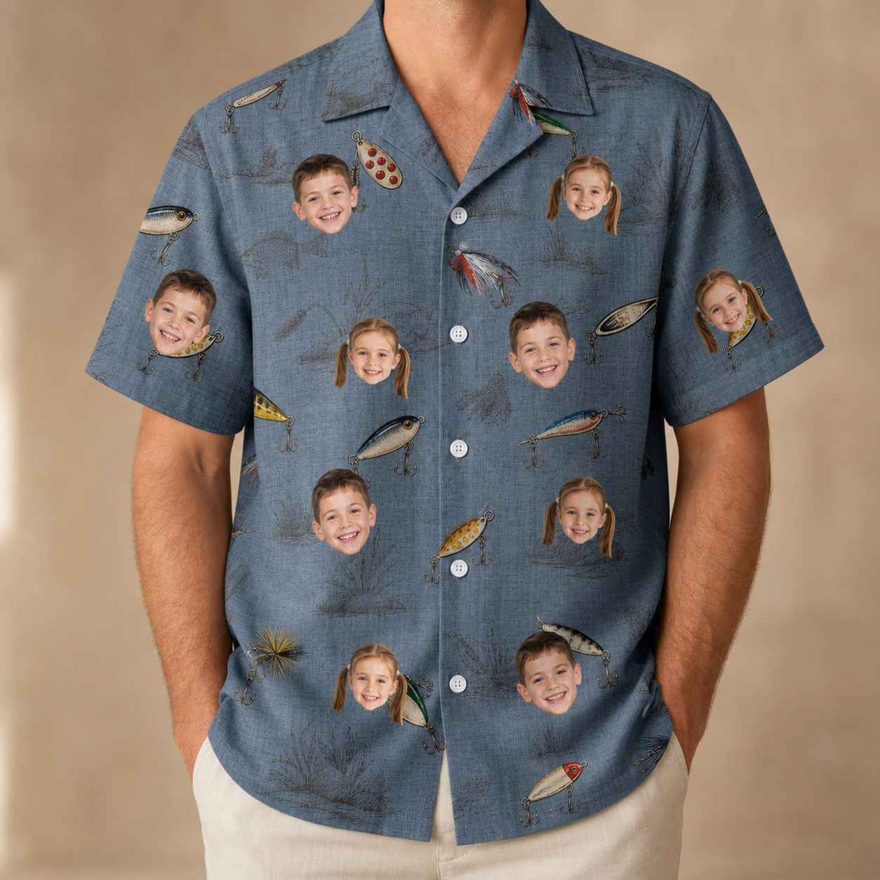 Model wearing Men's Jig Jamboree Custom Face Hawaiian Shirt printed with kids' faces