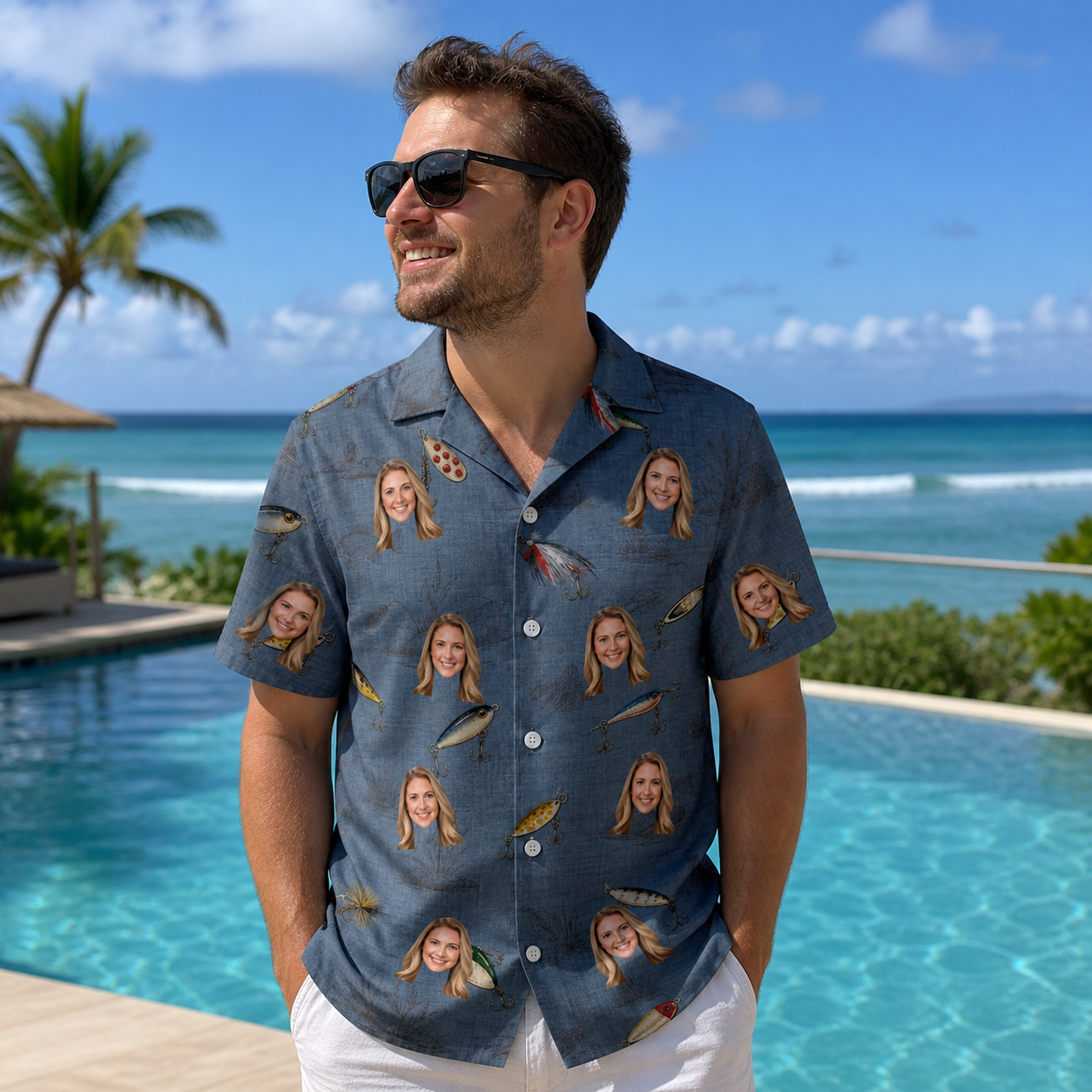 Real-life photo of someone wearing Men's Jig Jamboree Custom Face Hawaiian Shirt — custom faces printed all-over