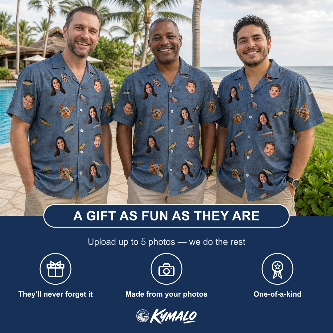 Friends in matching Men's Jig Jamboree Custom Face Hawaiian Shirt — a group gift photo