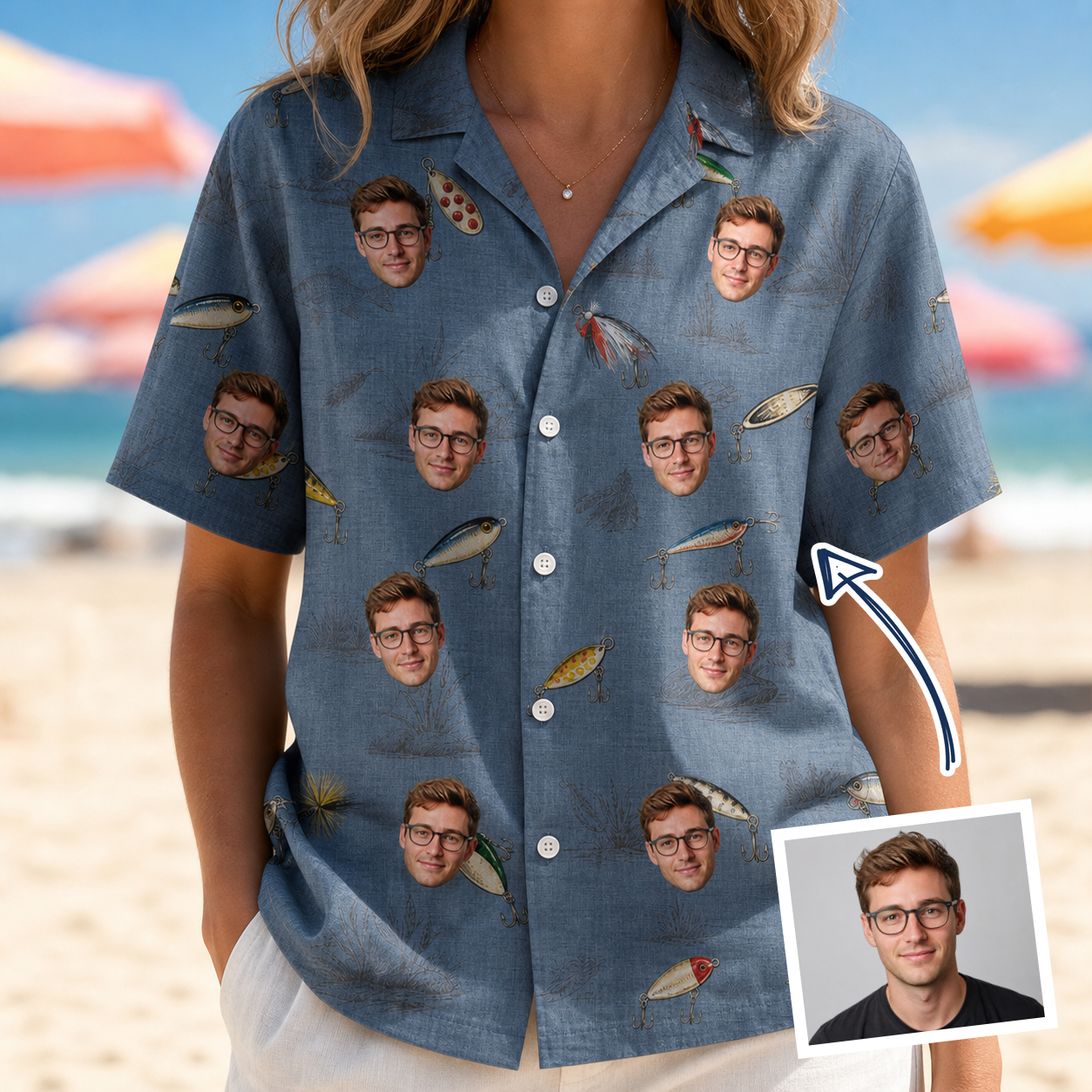 Woman wearing Women's Jig Jamboree Custom Face Hawaiian Shirt — custom faces printed all-over