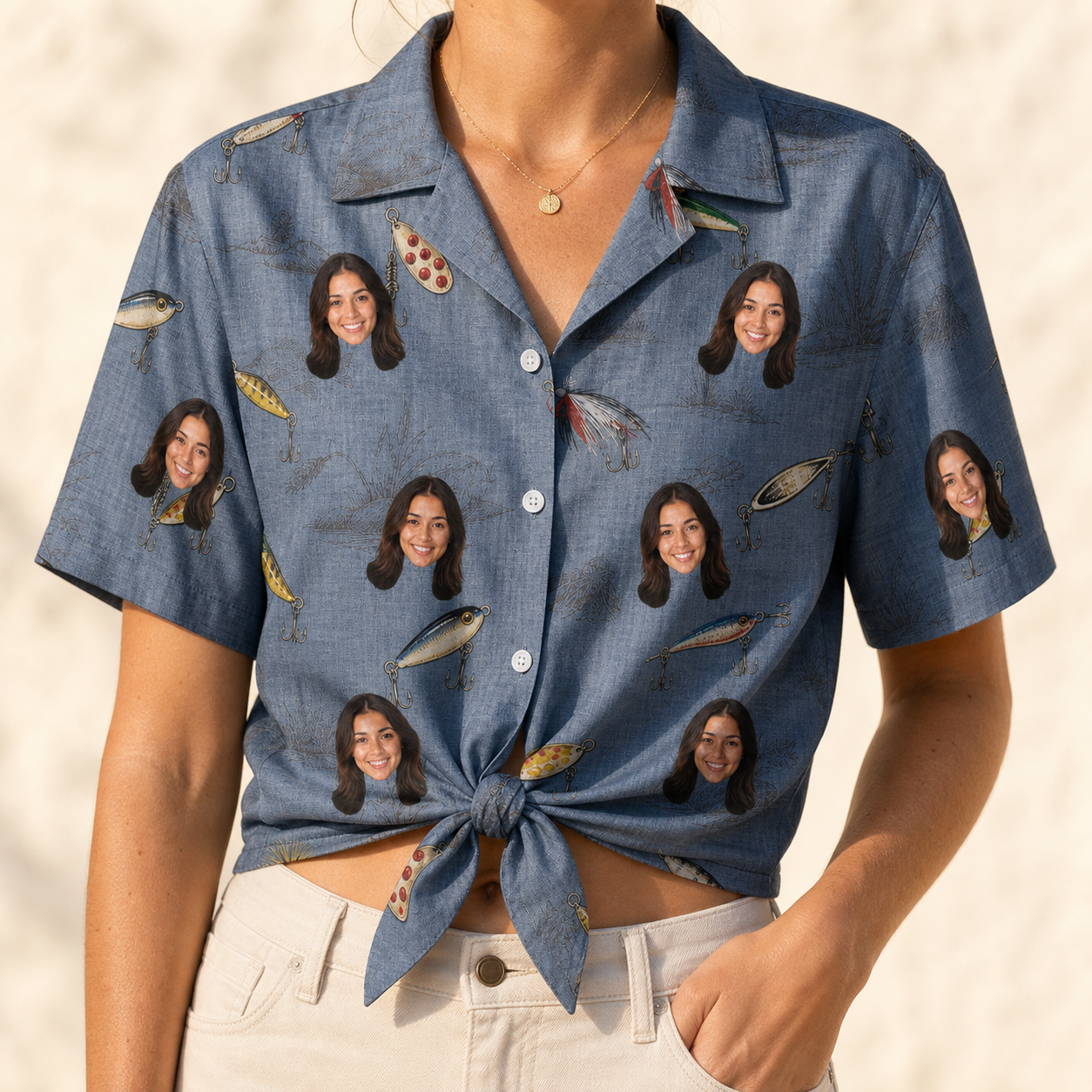Woman wearing Women's Jig Jamboree Custom Face Hawaiian Shirt tied at the waist