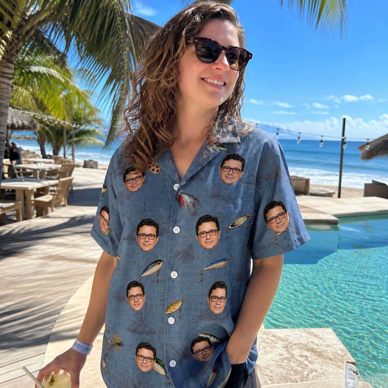 Real-life photo of someone wearing Women's Jig Jamboree Custom Face Hawaiian Shirt — custom faces printed all-over