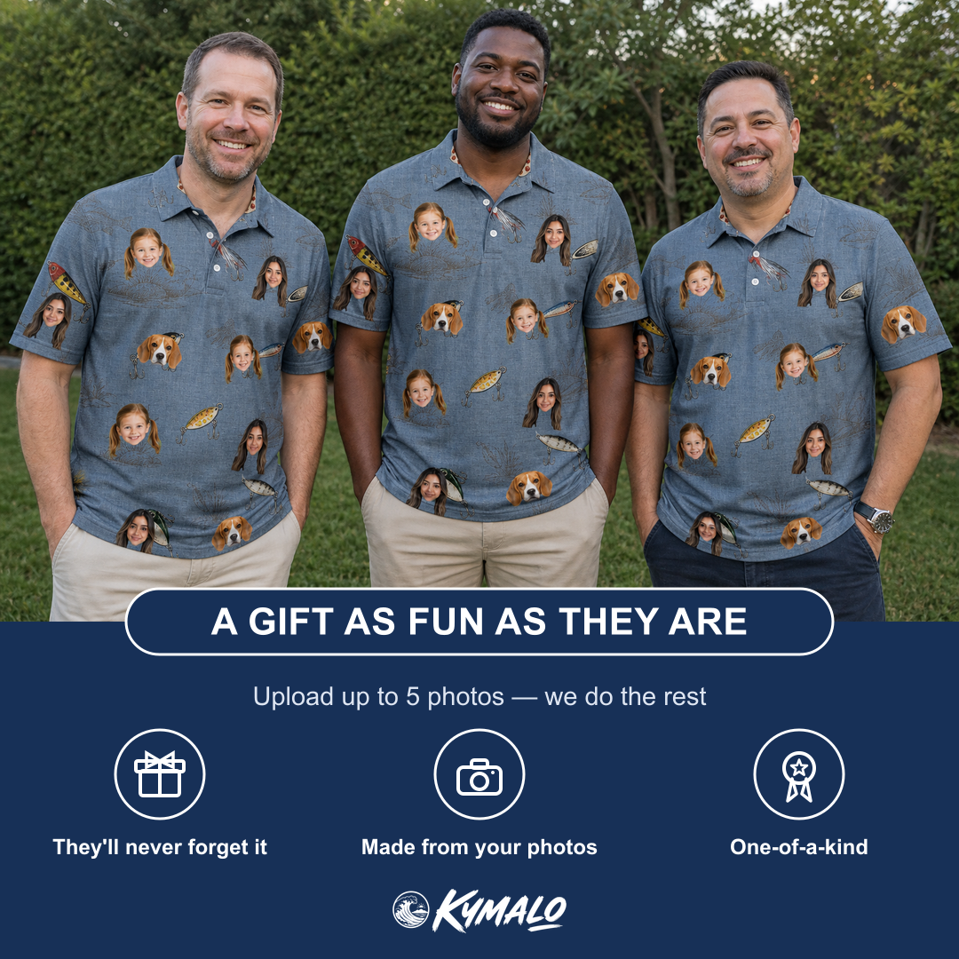 Friends in matching Men's Jig Jamboree Custom Face Polo Shirt — a group gift photo