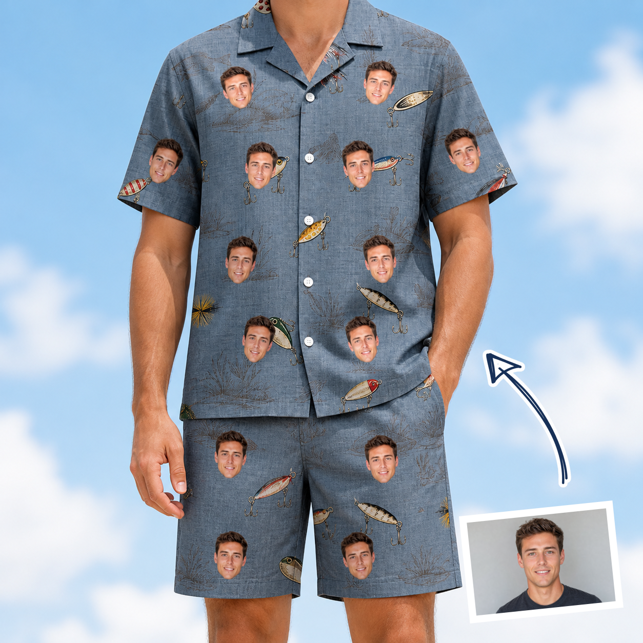 Man wearing Men's Jig Jamboree Custom Face Shirt & Shorts Set — custom faces printed all-over