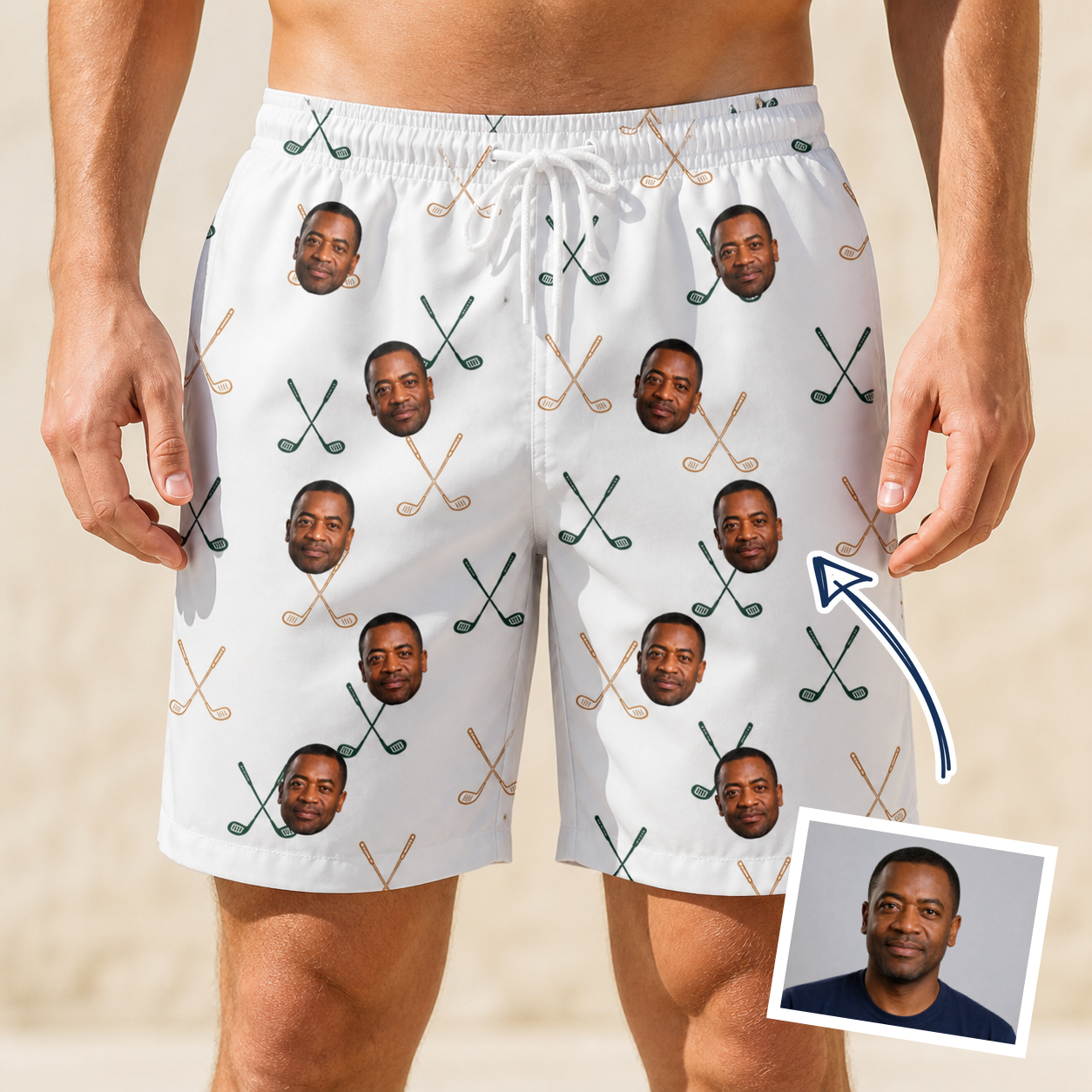 Man wearing Men's Golf Glyphs Custom Face Beach Shorts — custom faces printed all-over