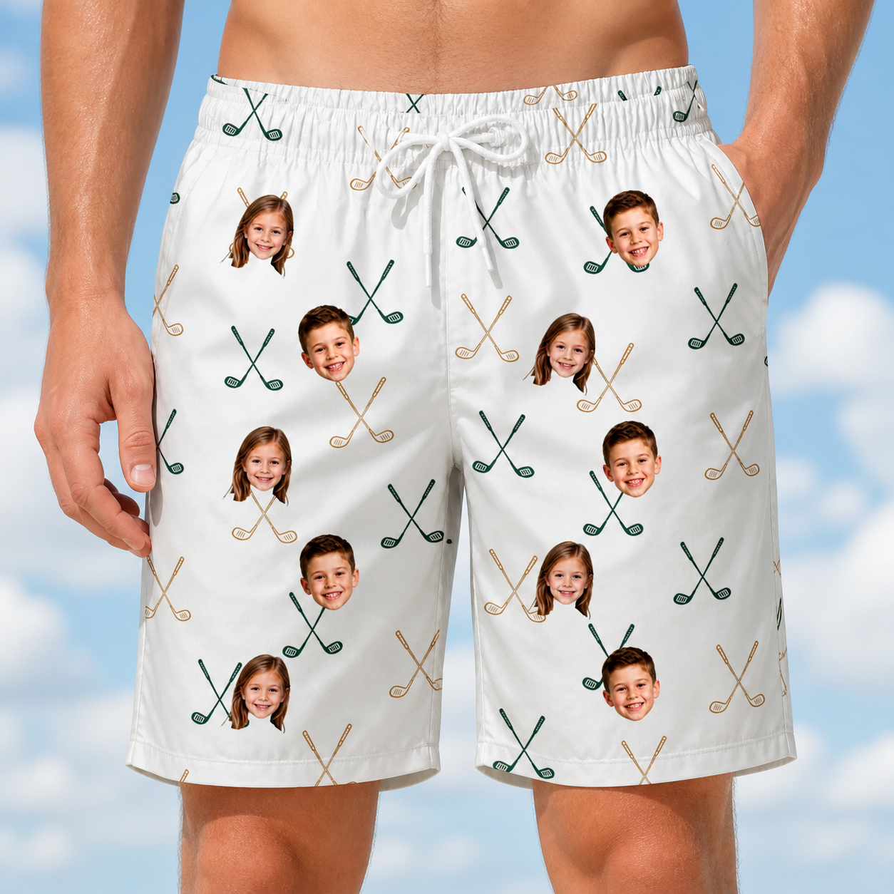 Model wearing Men's Golf Glyphs Custom Face Beach Shorts printed with kids' faces