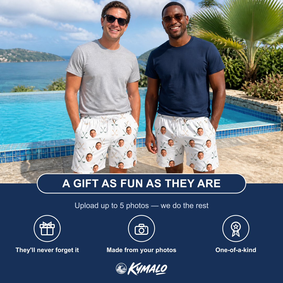 Friends in matching Men's Golf Glyphs Custom Face Beach Shorts — a group gift photo