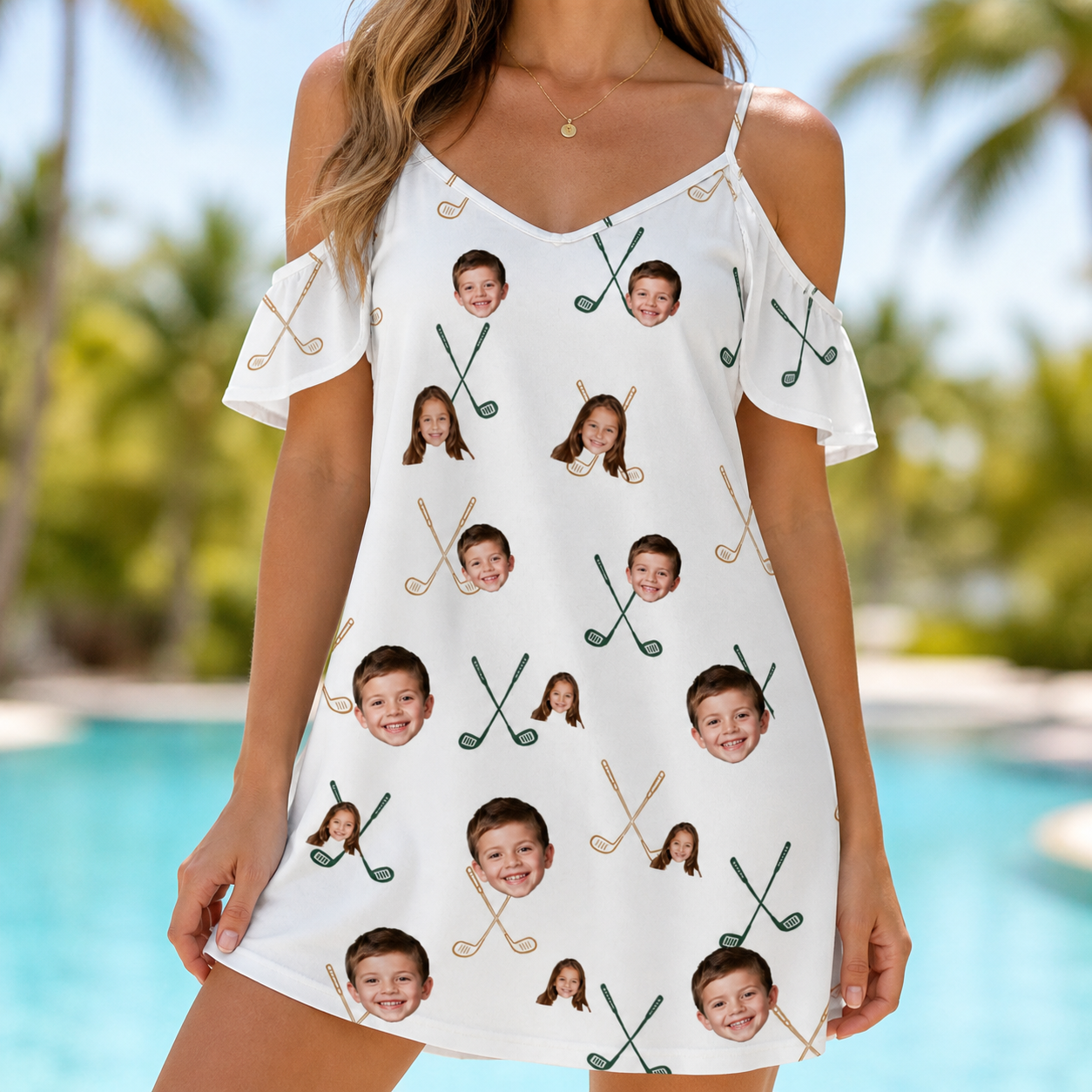 Model wearing Women's Golf Glyphs Custom Face Off-Shoulder Dress printed with kids' faces