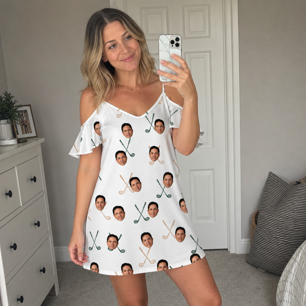 Real-life photo of someone wearing Women's Golf Glyphs Custom Face Off-Shoulder Dress — custom faces printed all-over