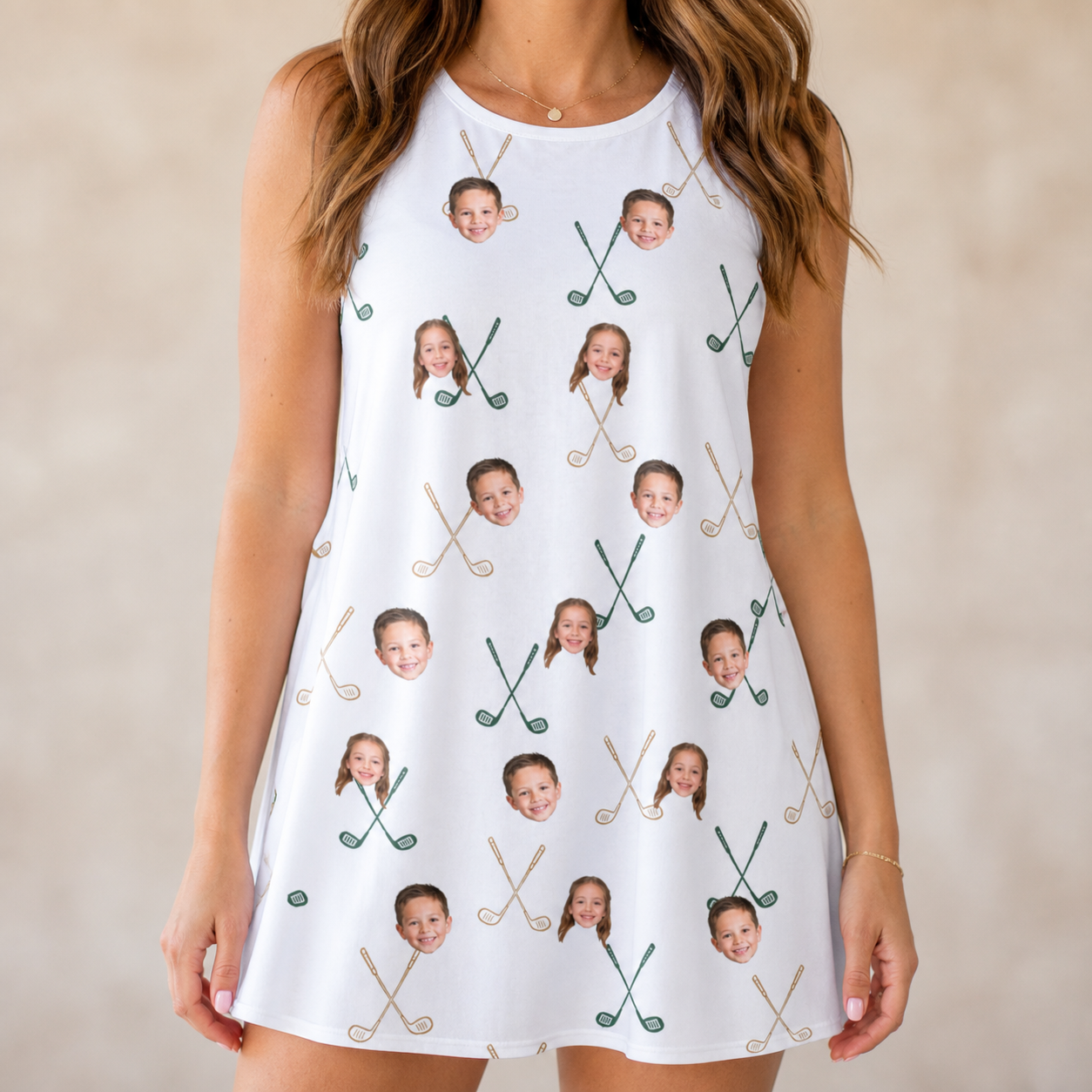 Model wearing Women's Golf Glyphs Custom Face Tank Dress printed with kids' faces