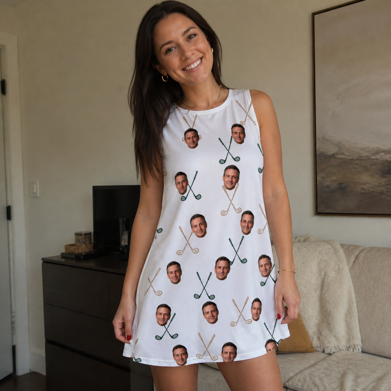 Real-life photo of someone wearing Women's Golf Glyphs Custom Face Tank Dress — custom faces printed all-over