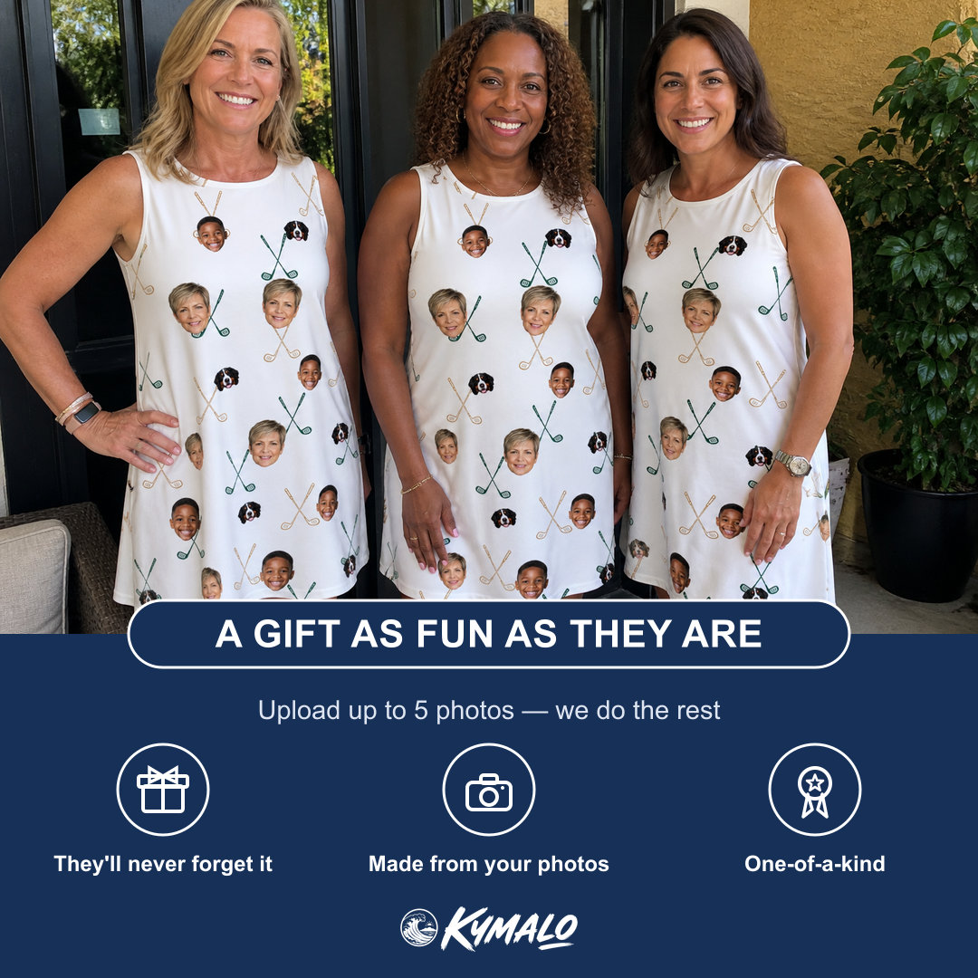 Friends in matching Women's Golf Glyphs Custom Face Tank Dress — a group gift photo