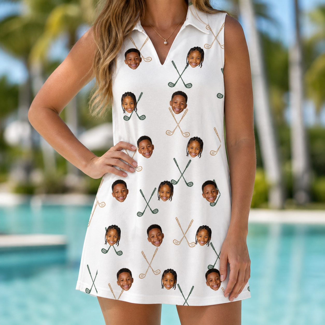 Model wearing Women's Golf Glyphs Custom Face V-Neck Dress printed with kids' faces
