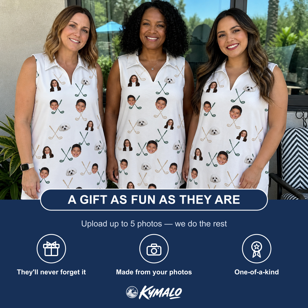Friends in matching Women's Golf Glyphs Custom Face V-Neck Dress — a group gift photo