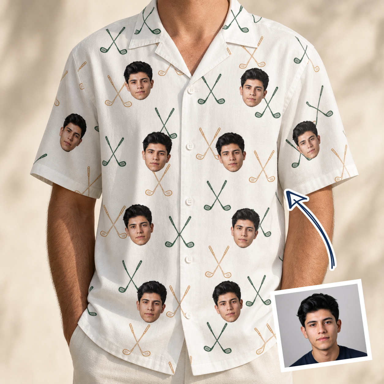 Man wearing Men's Golf Glyphs Custom Face Hawaiian Shirt — custom faces printed all-over