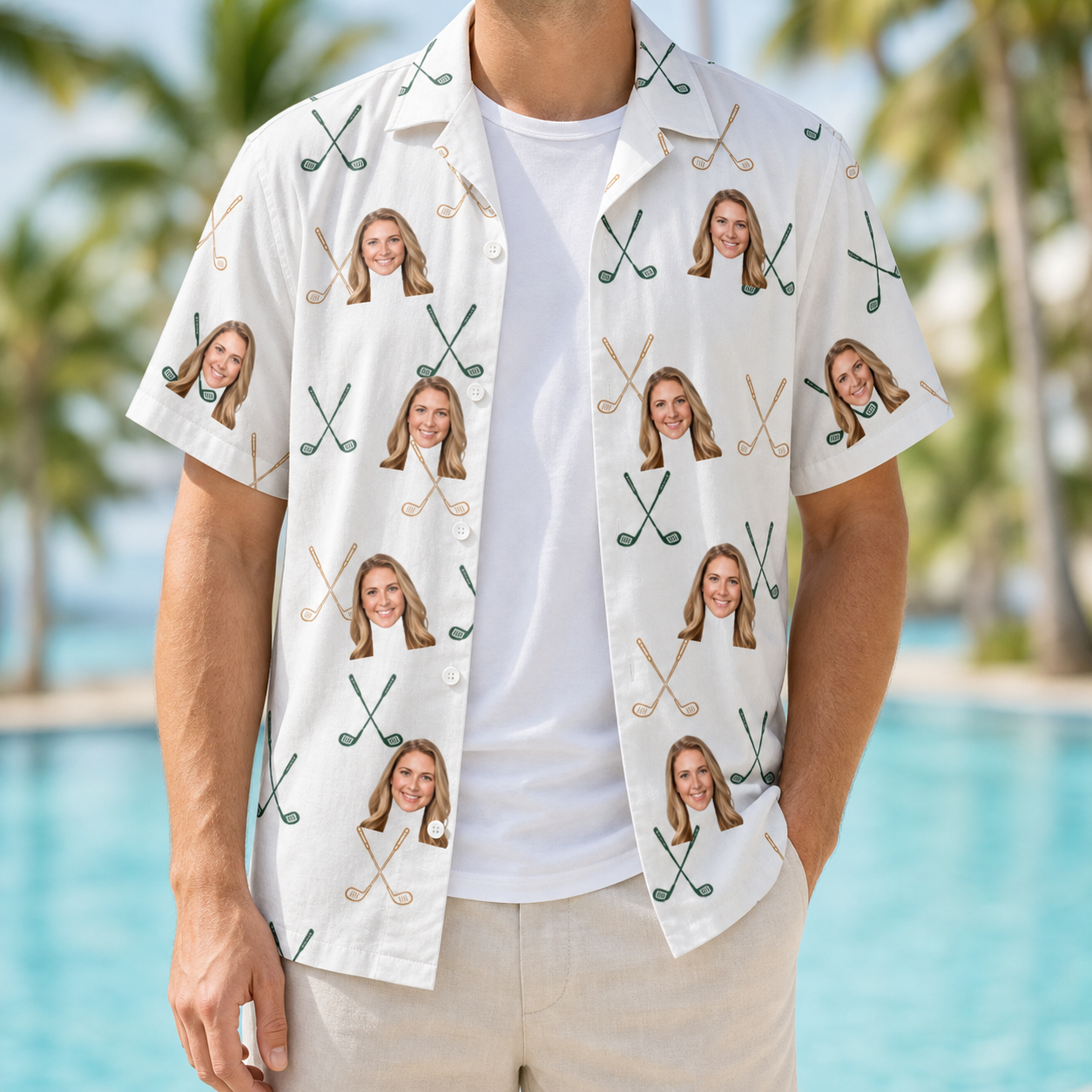 Man wearing Men's Golf Glyphs Custom Face Hawaiian Shirt open over a white tee