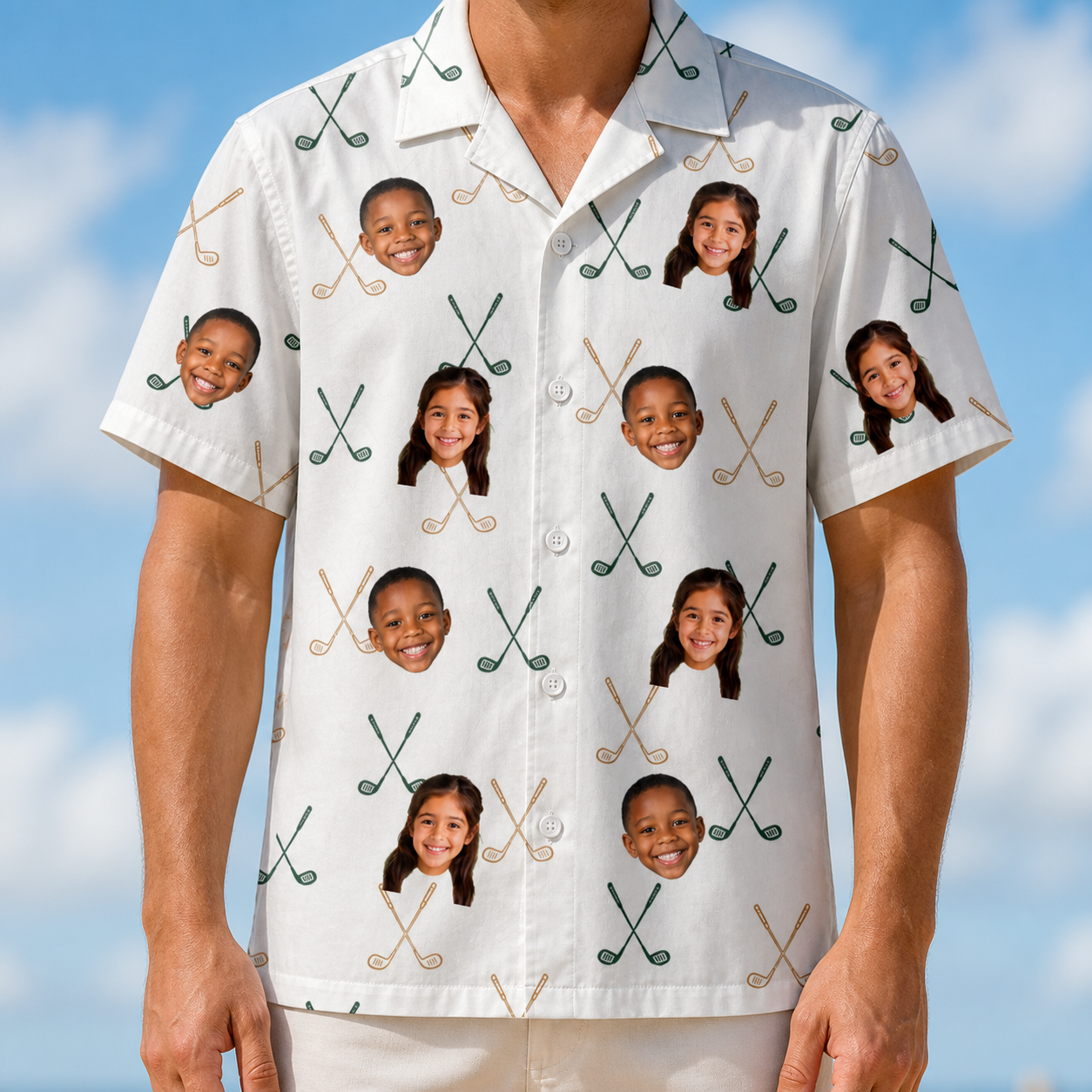 Model wearing Men's Golf Glyphs Custom Face Hawaiian Shirt printed with kids' faces