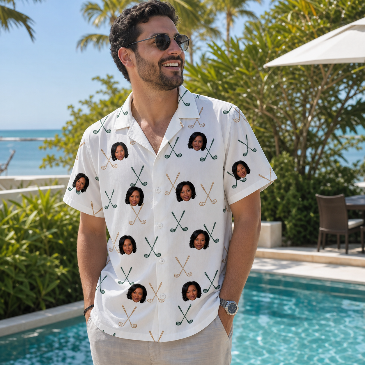 Real-life photo of someone wearing Men's Golf Glyphs Custom Face Hawaiian Shirt — custom faces printed all-over