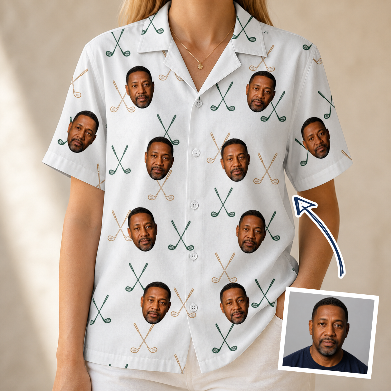 Woman wearing Women's Golf Glyphs Custom Face Hawaiian Shirt — custom faces printed all-over
