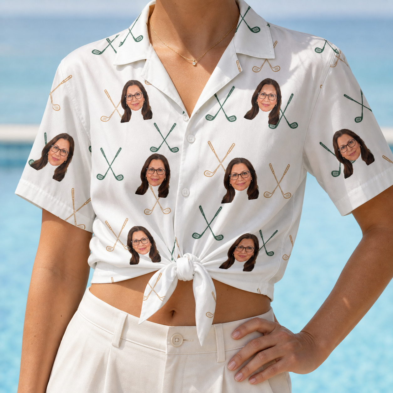 Woman wearing Women's Golf Glyphs Custom Face Hawaiian Shirt tied at the waist