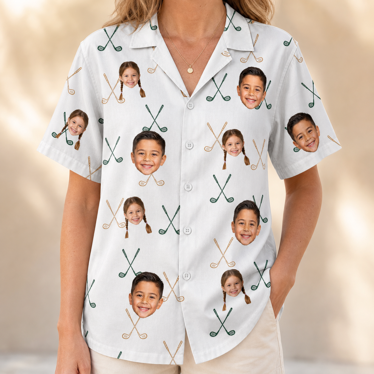 Model wearing Women's Golf Glyphs Custom Face Hawaiian Shirt printed with kids' faces
