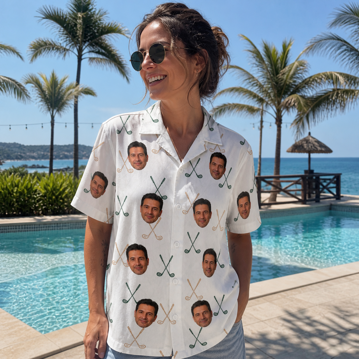 Real-life photo of someone wearing Women's Golf Glyphs Custom Face Hawaiian Shirt — custom faces printed all-over