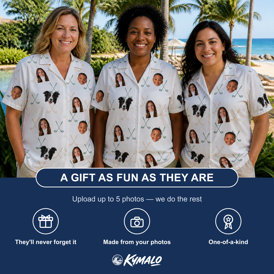 Friends in matching Women's Golf Glyphs Custom Face Hawaiian Shirt — a group gift photo