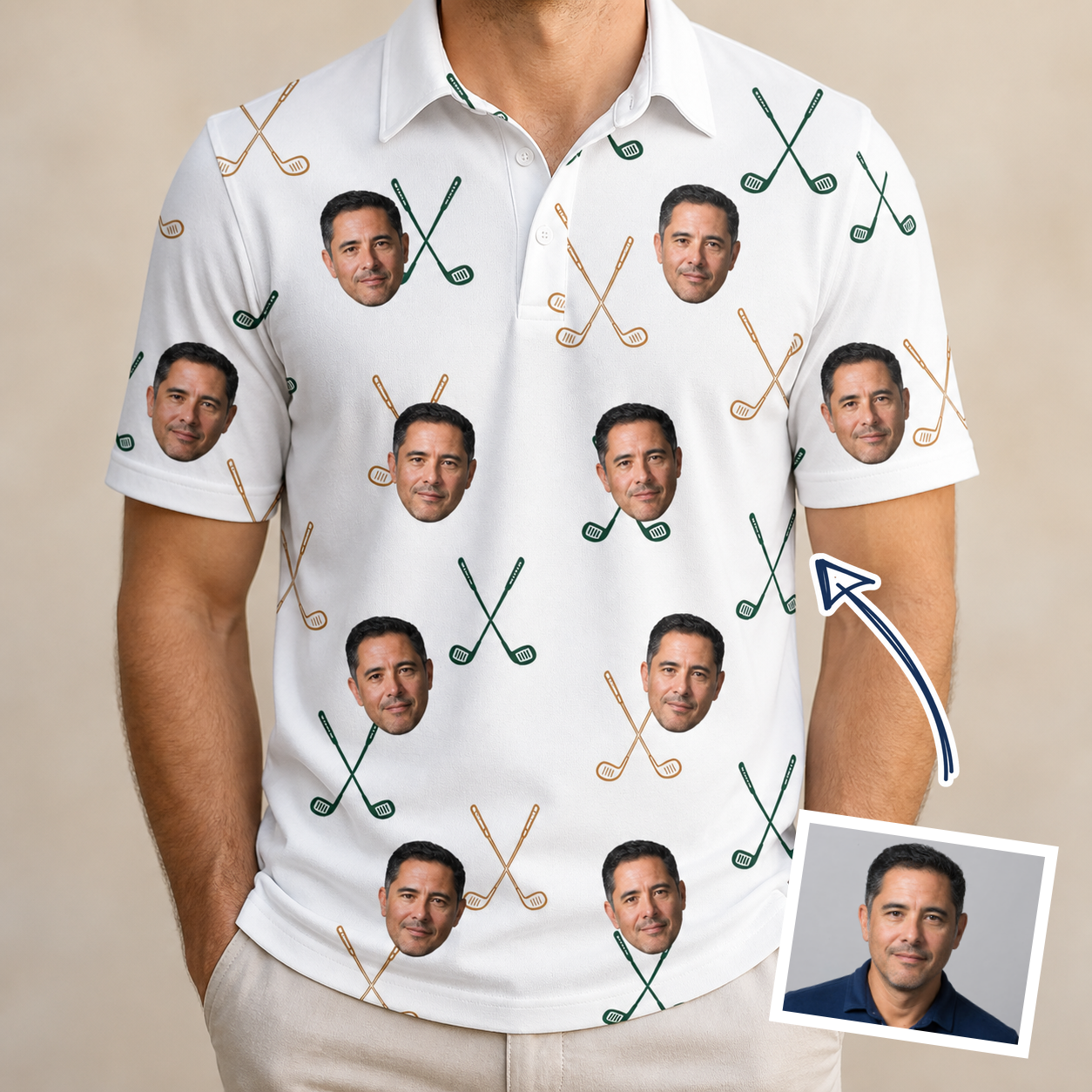 Man wearing Men's Golf Glyphs Custom Face Polo Shirt — custom faces printed all-over