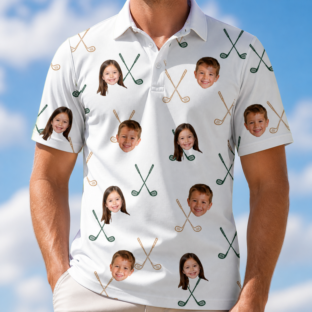 Model wearing Men's Golf Glyphs Custom Face Polo Shirt printed with kids' faces