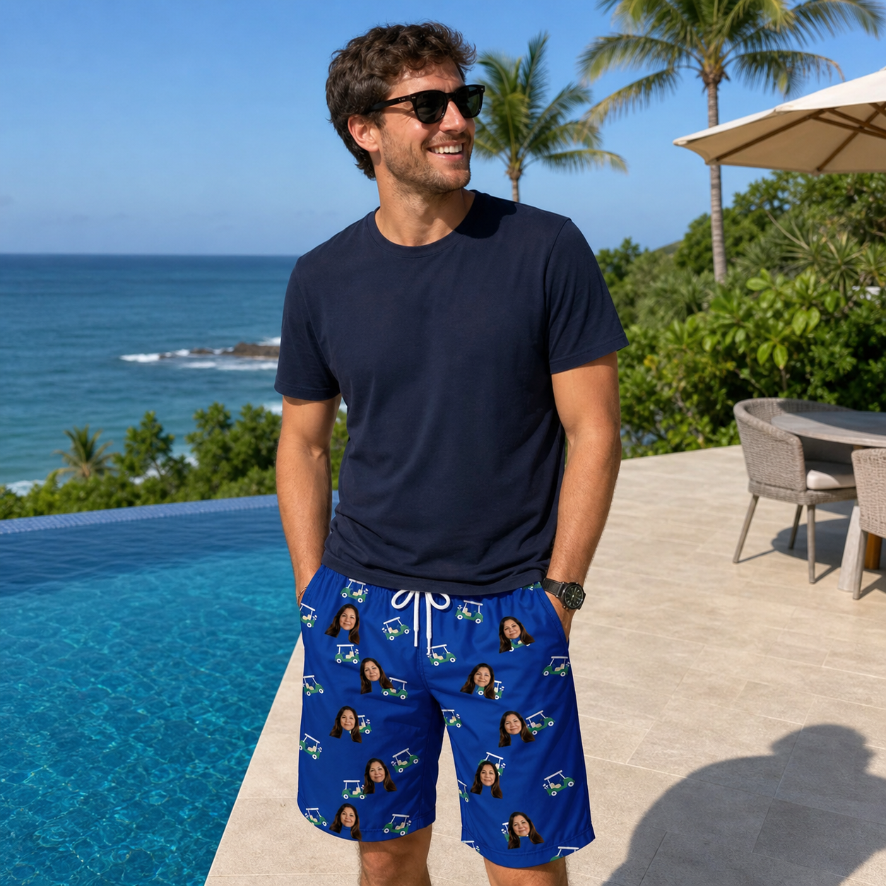 Real-life photo of someone wearing Men's Bogey Buggies Custom Face Beach Shorts — custom faces printed all-over