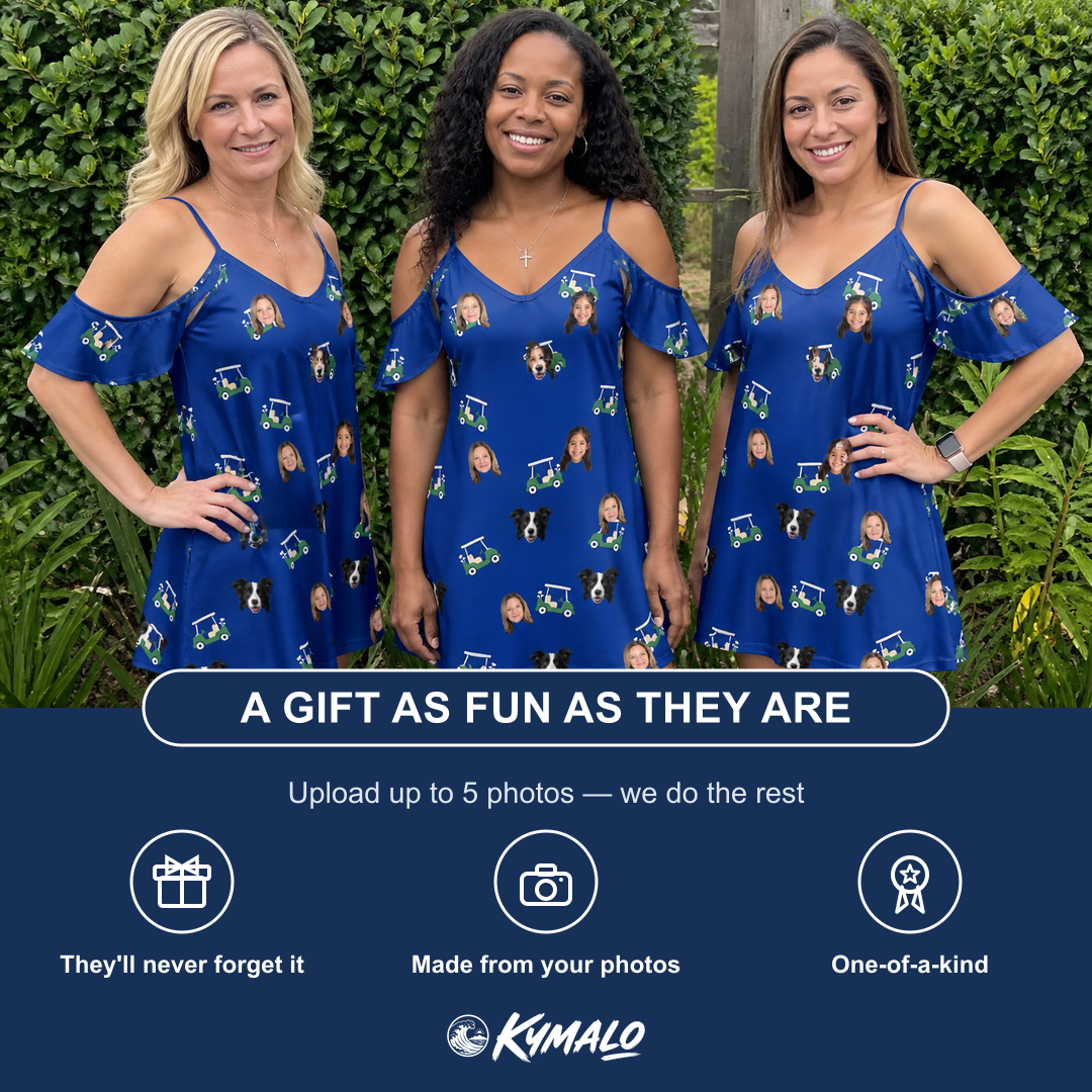 Friends in matching Women's Bogey Buggies Custom Face Off-Shoulder Dress — a group gift photo