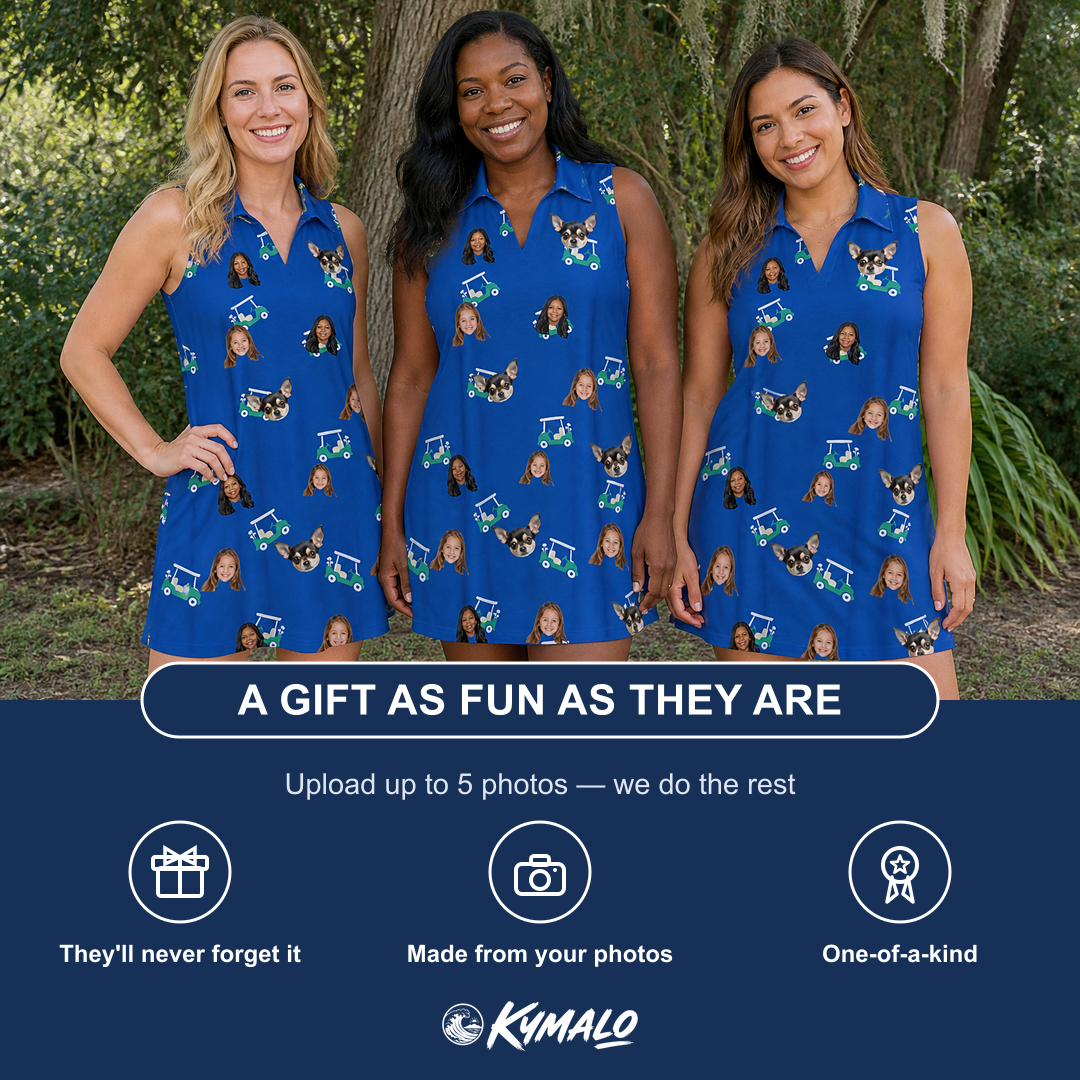 Friends in matching Women's Bogey Buggies Custom Face V-Neck Dress — a group gift photo