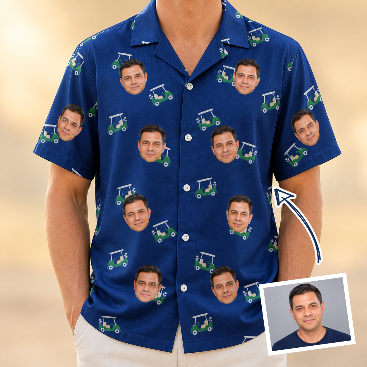 Man wearing Men's Bogey Buggies Custom Face Hawaiian Shirt — custom faces printed all-over