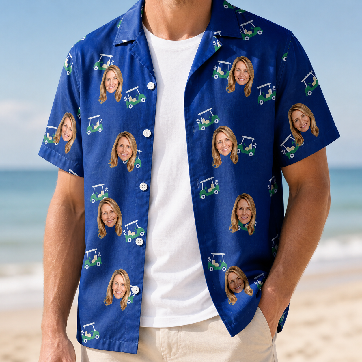Man wearing Men's Bogey Buggies Custom Face Hawaiian Shirt open over a white tee