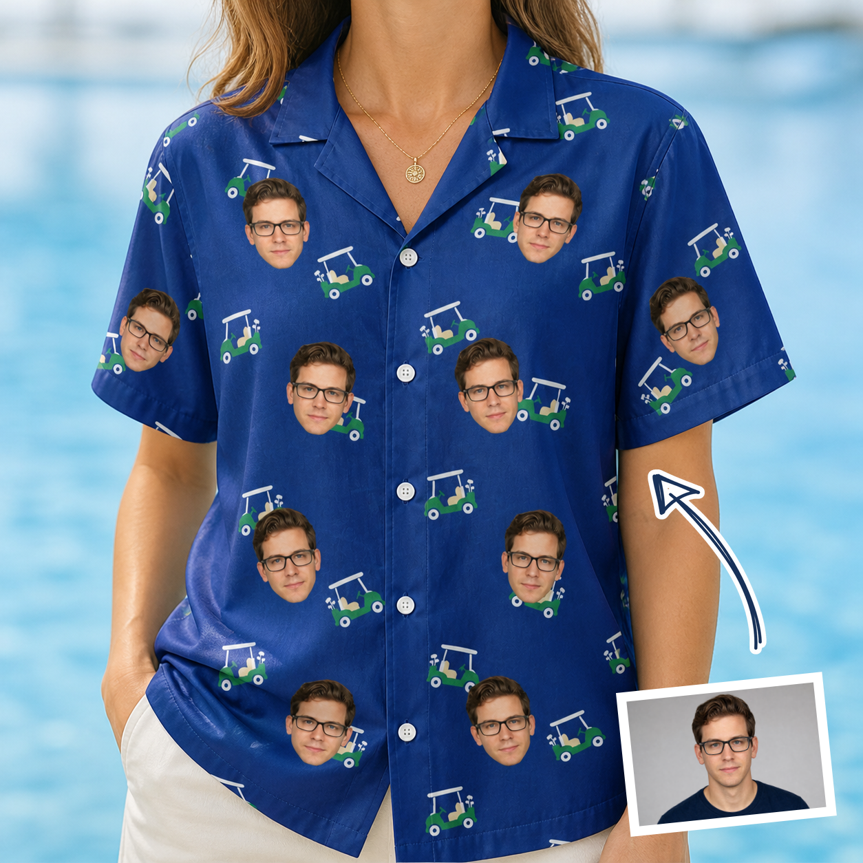 Woman wearing Women's Bogey Buggies Custom Face Hawaiian Shirt — custom faces printed all-over