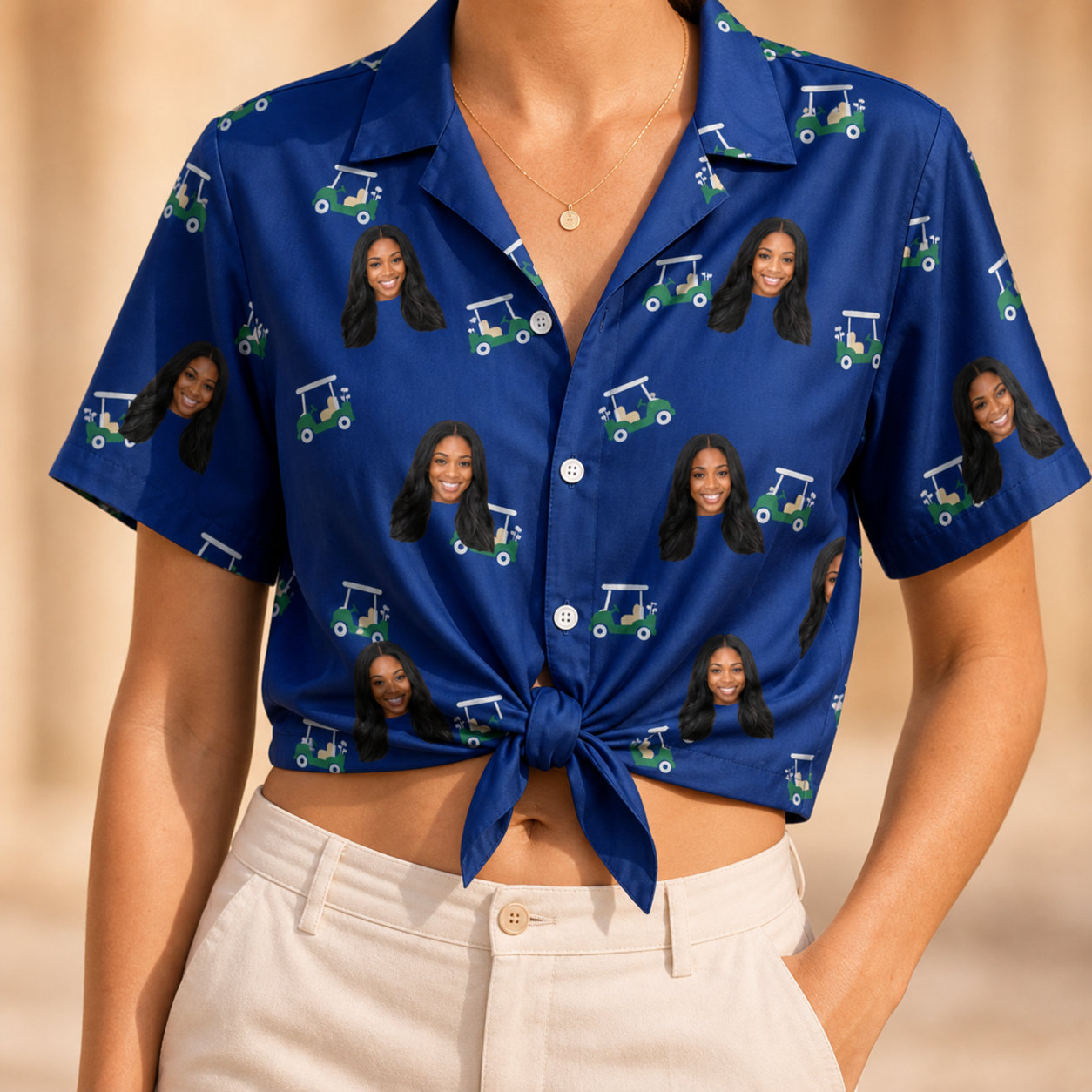 Woman wearing Women's Bogey Buggies Custom Face Hawaiian Shirt tied at the waist