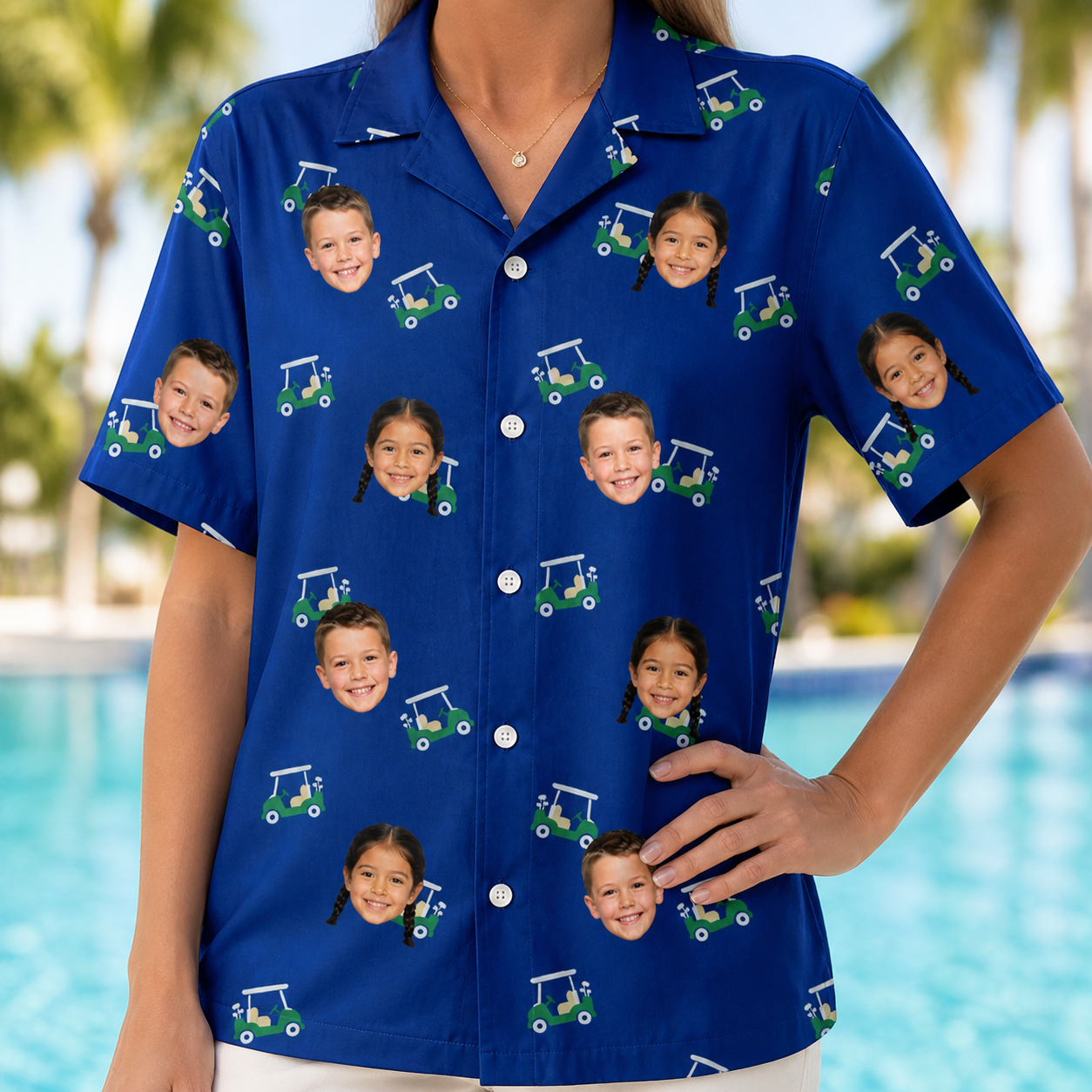 Model wearing Women's Bogey Buggies Custom Face Hawaiian Shirt printed with kids' faces