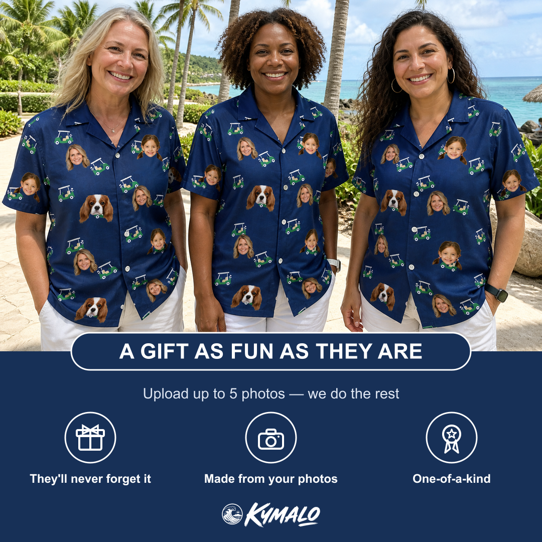 Friends in matching Women's Bogey Buggies Custom Face Hawaiian Shirt — a group gift photo