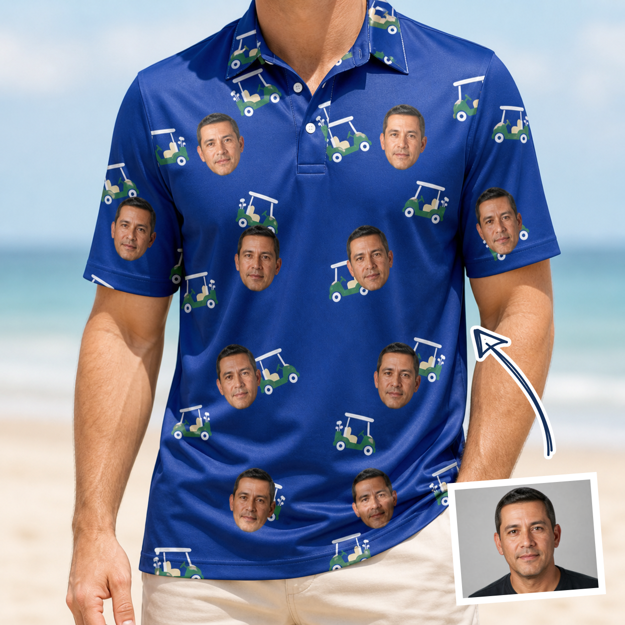 Man wearing Men's Bogey Buggies Custom Face Polo Shirt — custom faces printed all-over