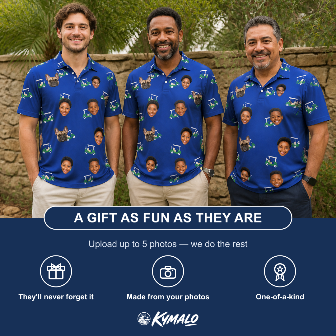 Friends in matching Men's Bogey Buggies Custom Face Polo Shirt — a group gift photo