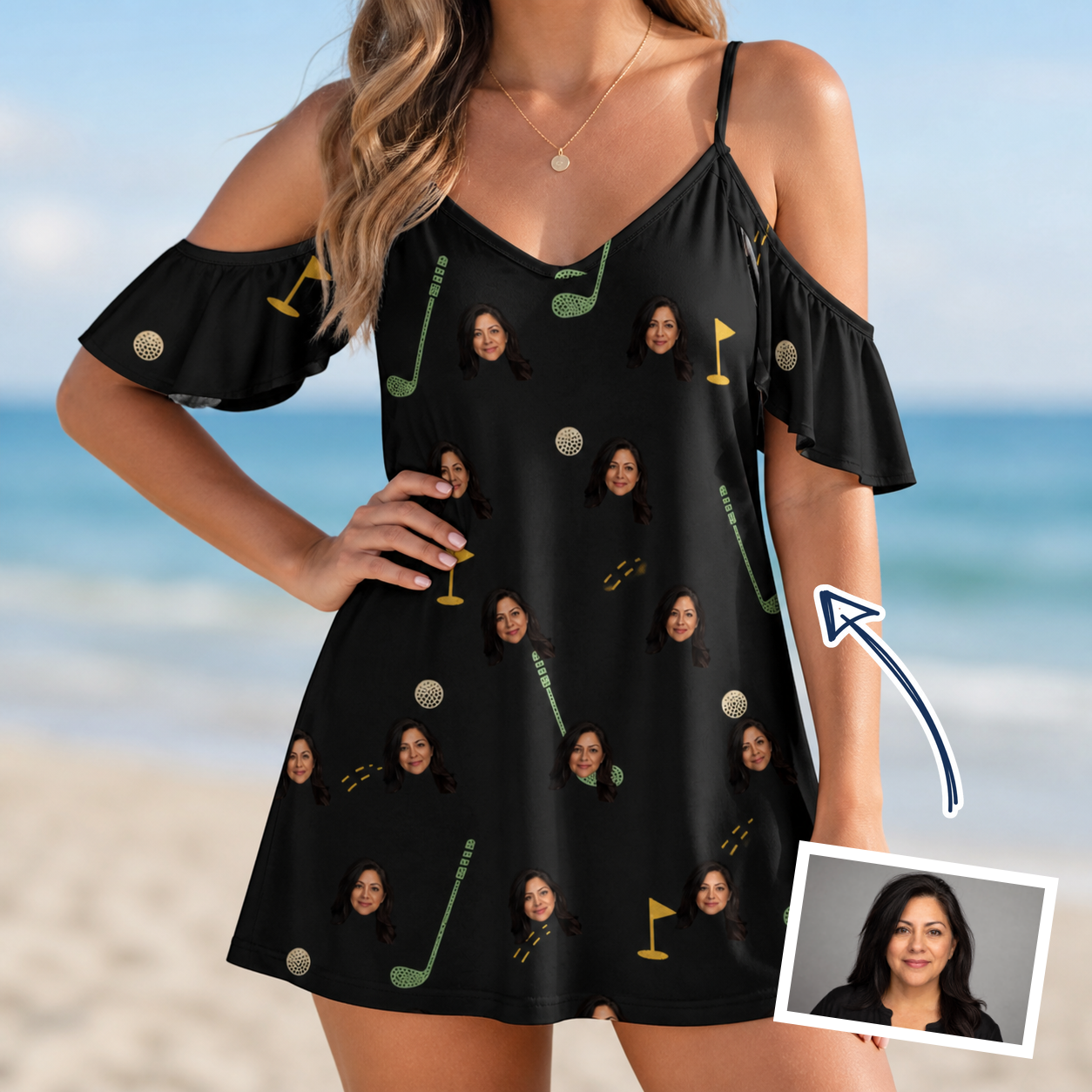 Woman wearing Women's Wedge Whirl Custom Face Off-Shoulder Dress — custom faces printed all-over