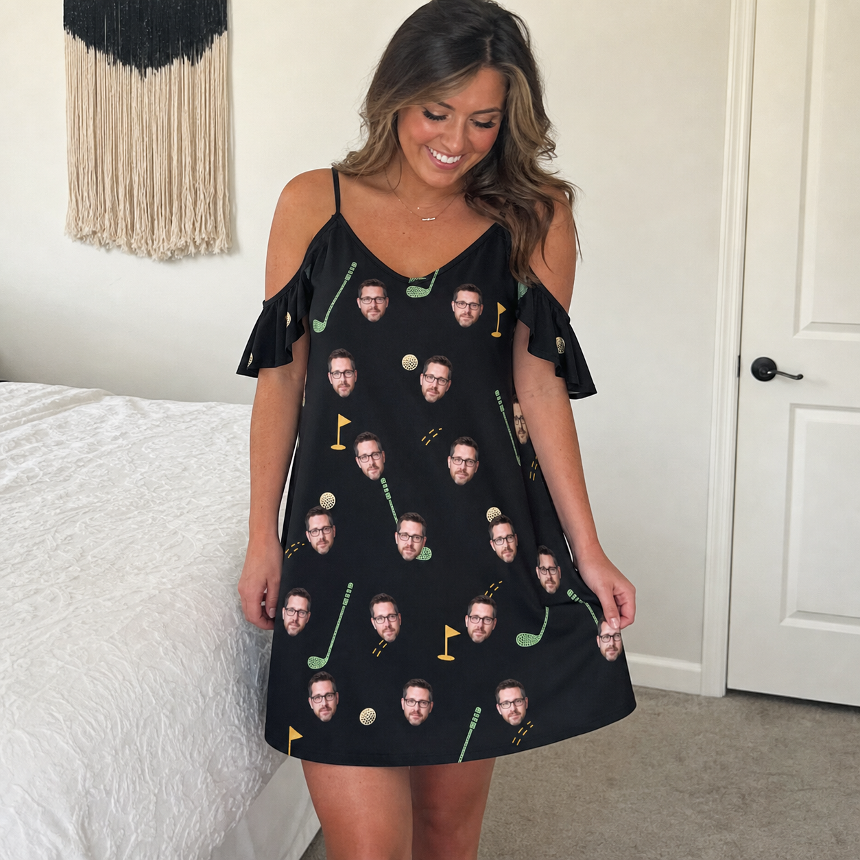 Real-life photo of someone wearing Women's Wedge Whirl Custom Face Off-Shoulder Dress — custom faces printed all-over