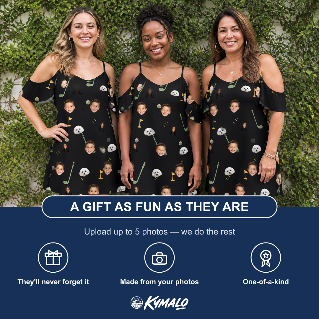 Friends in matching Women's Wedge Whirl Custom Face Off-Shoulder Dress — a group gift photo