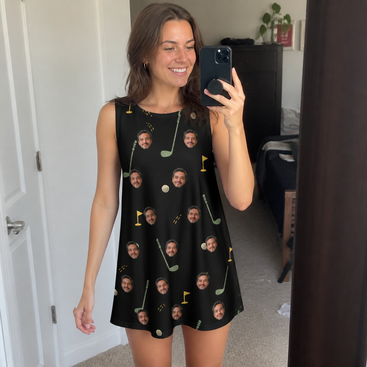 Real-life photo of someone wearing Women's Wedge Whirl Custom Face Tank Dress — custom faces printed all-over