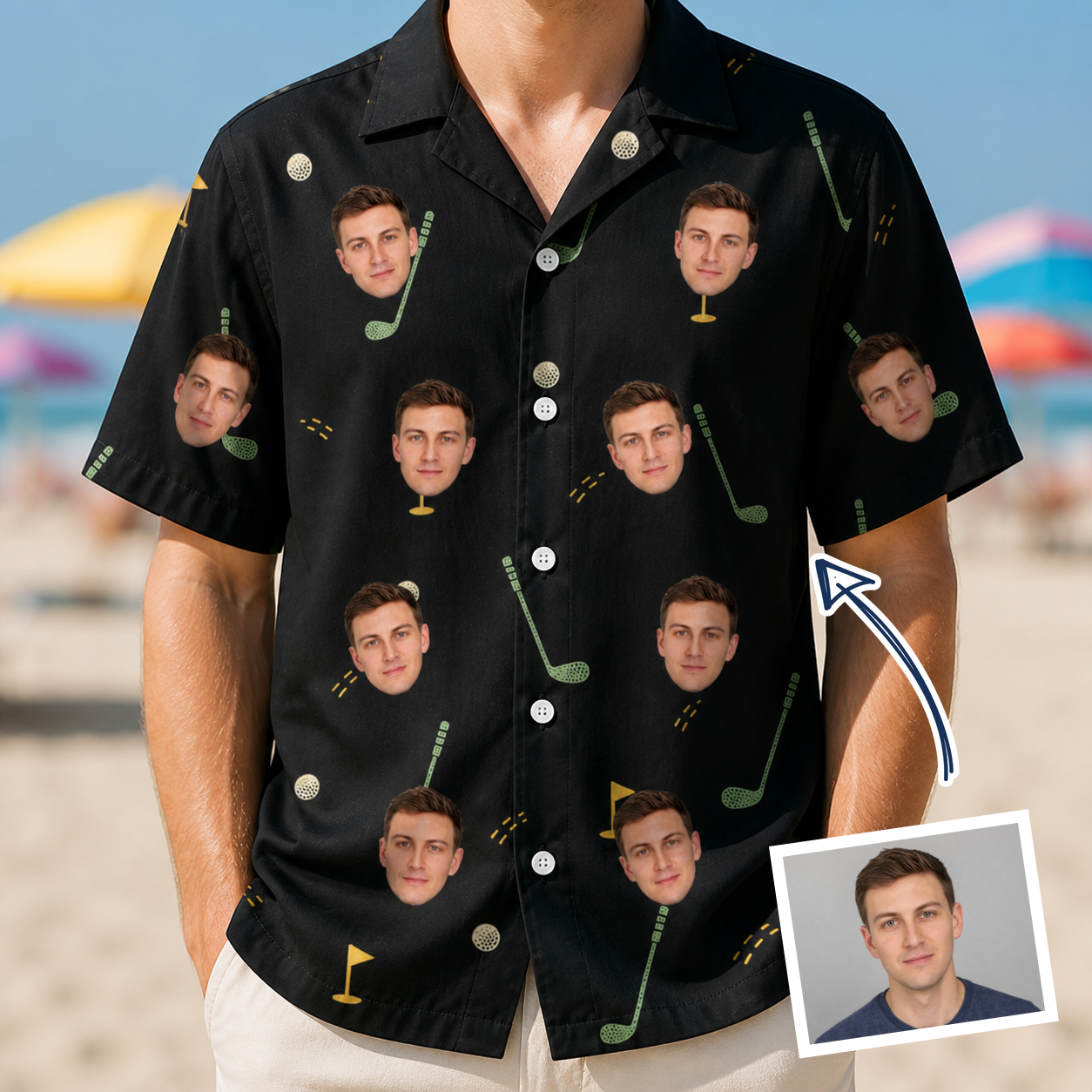 Man wearing Men's Wedge Whirl Custom Face Hawaiian Shirt — custom faces printed all-over