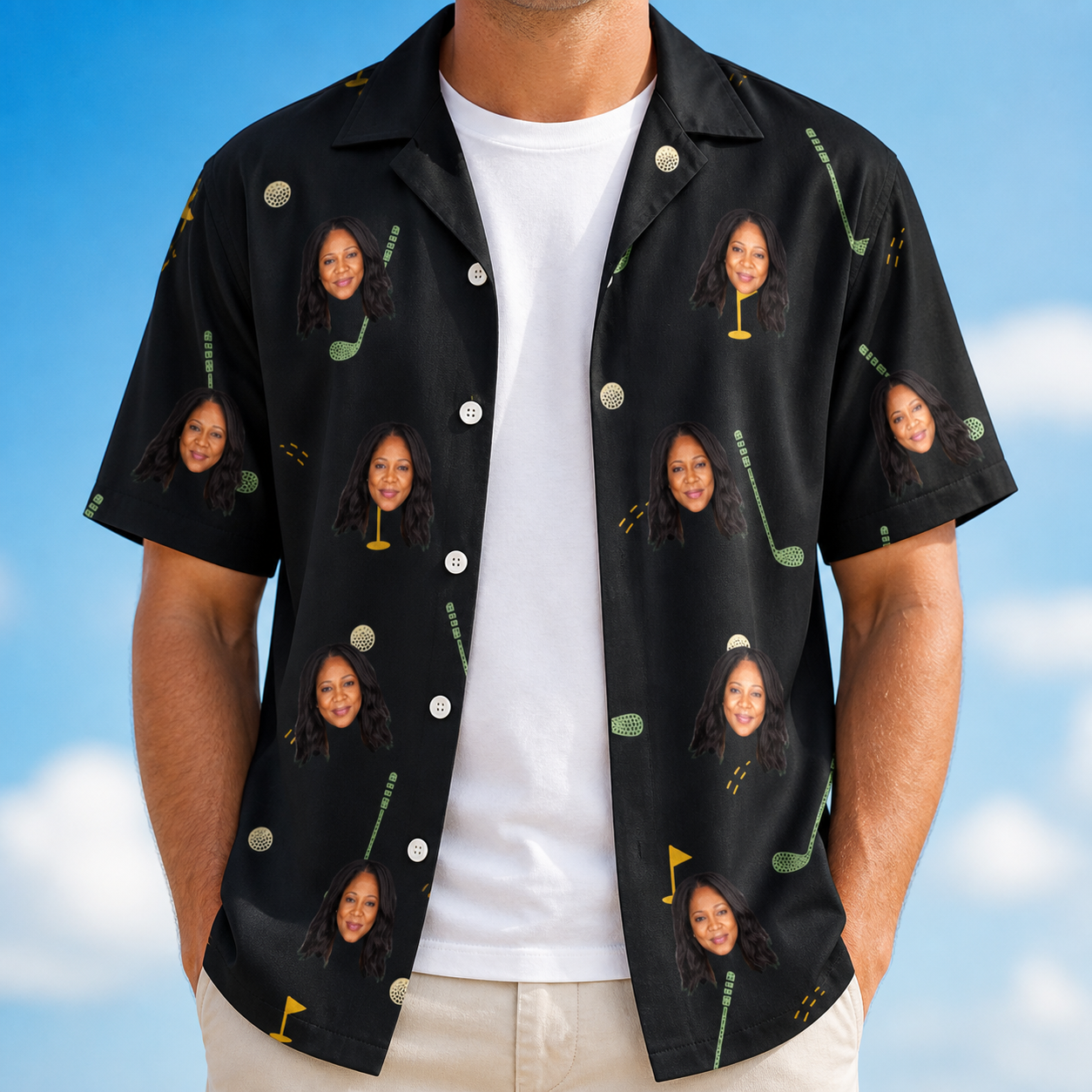 Man wearing Men's Wedge Whirl Custom Face Hawaiian Shirt open over a white tee