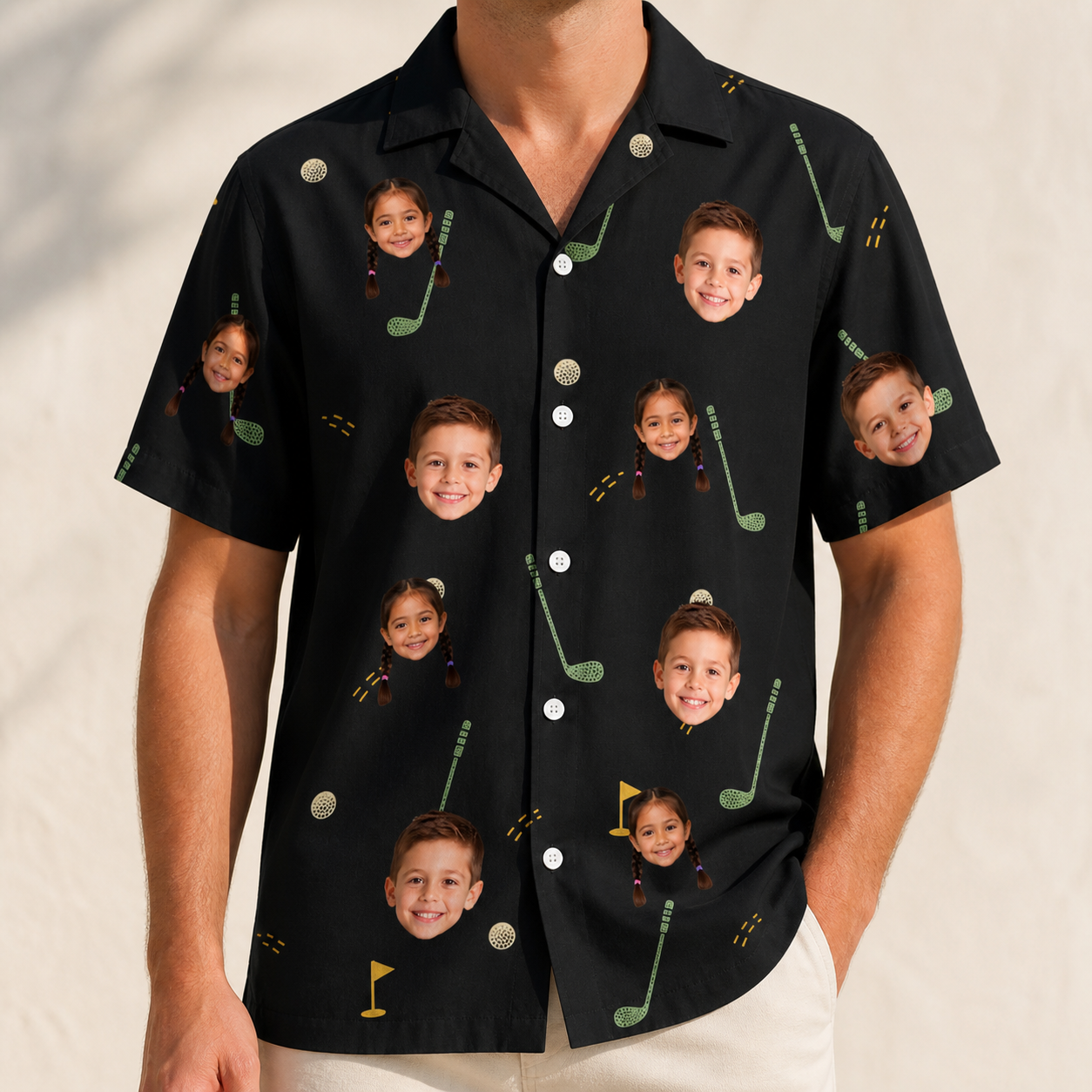 Model wearing Men's Wedge Whirl Custom Face Hawaiian Shirt printed with kids' faces