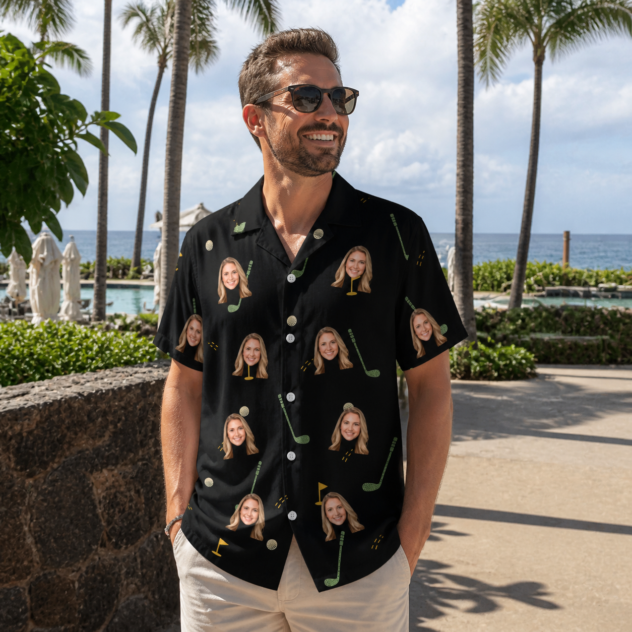 Real-life photo of someone wearing Men's Wedge Whirl Custom Face Hawaiian Shirt — custom faces printed all-over