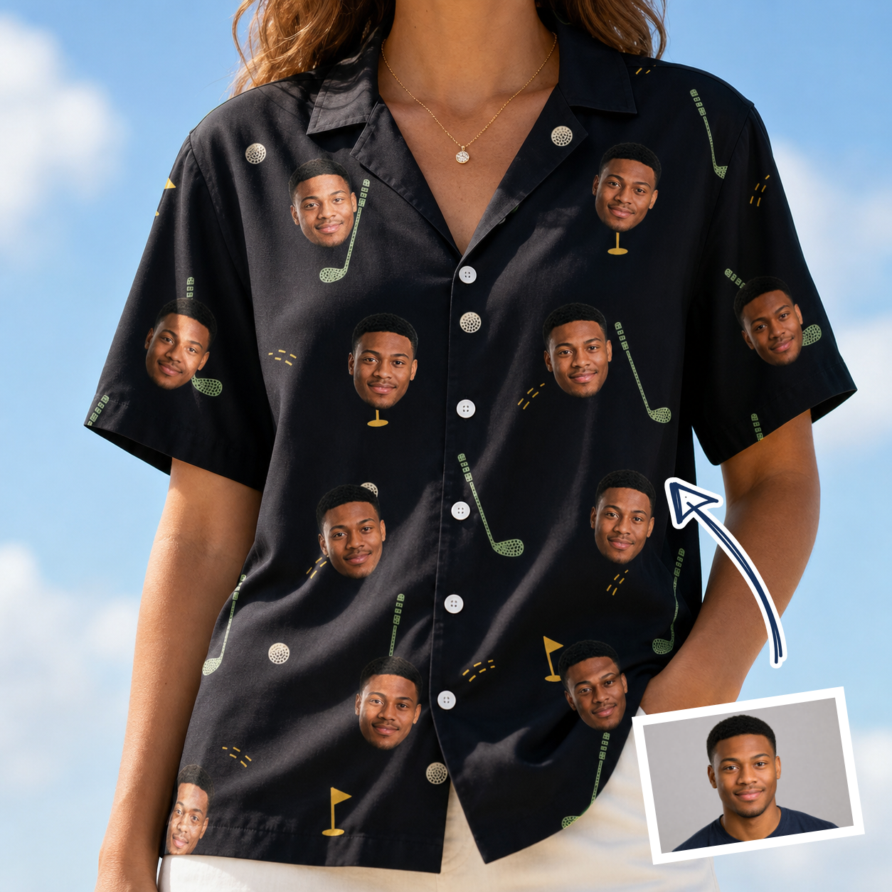 Woman wearing Women's Wedge Whirl Custom Face Hawaiian Shirt — custom faces printed all-over